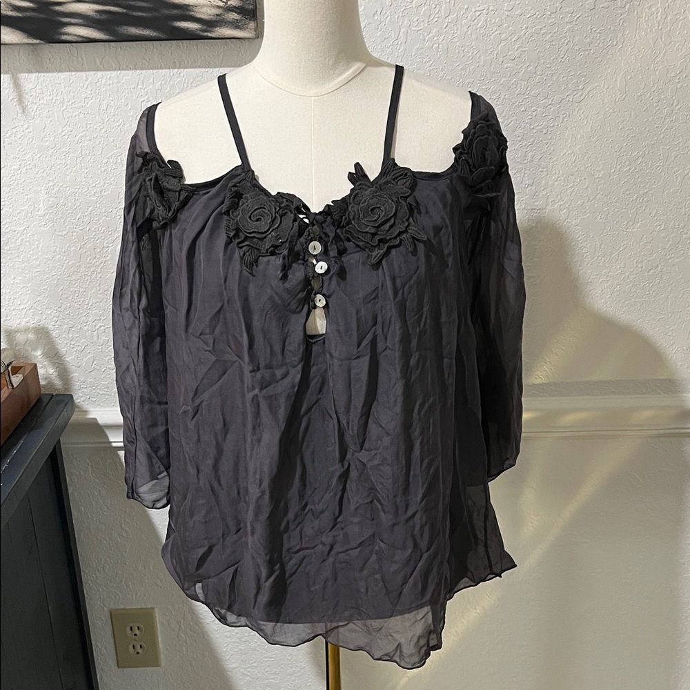 Lola Dark Grey Italian Silk Floral Blouse cold shoulder medium